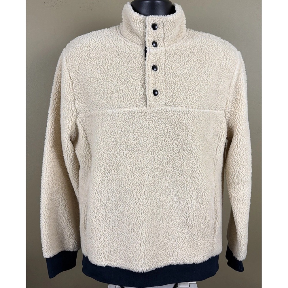 J.Crew Mens M Authentic Sherpa Fleece Pullover Snap Mock Neck Ivory Cream E0486